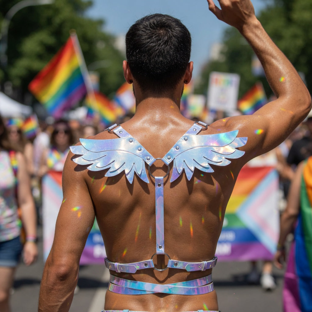 Rear view of a person wearing an iridescent leather harness with decorative angel wings at a Pride parade