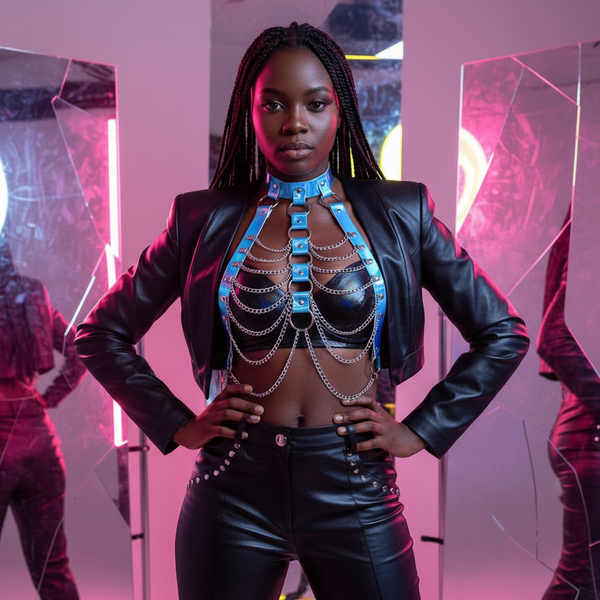 Front-facing model wearing a blue leather chest harness with silver chains over a black top