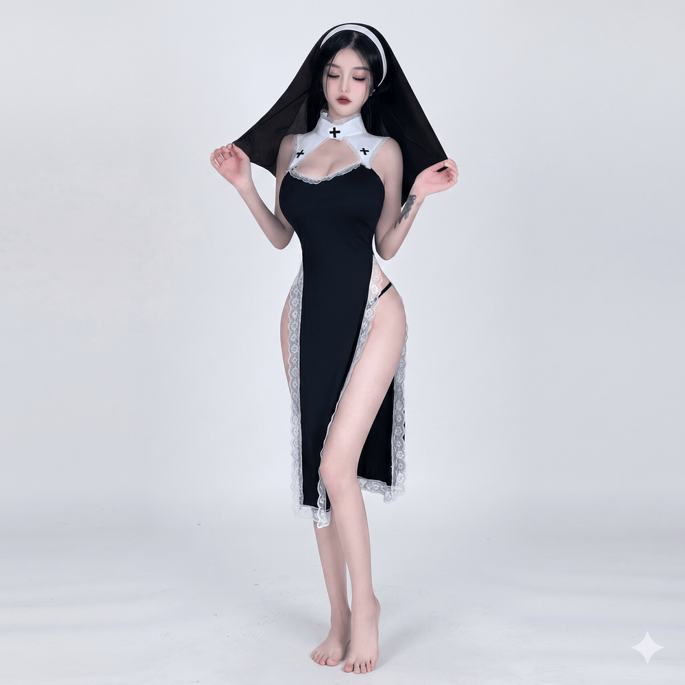 Model wearing a black lace-trimmed nun costume with cross details and veil
