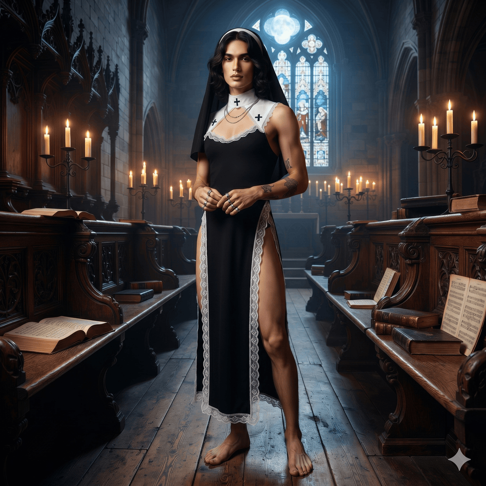 Model wearing a black nun costume with white lace trim and veil in a candlelit church