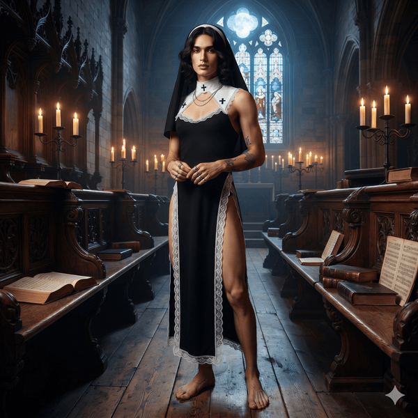 Model wearing a black nun costume with white lace trim and veil in a candlelit church