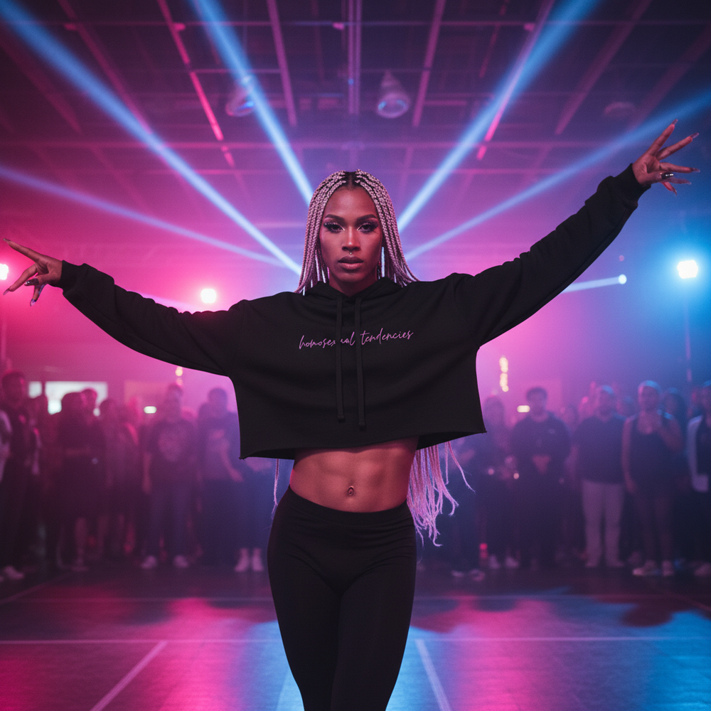 Homosexual Tendencies Crop Hoodie worn by a confident dancer with long blonde braids