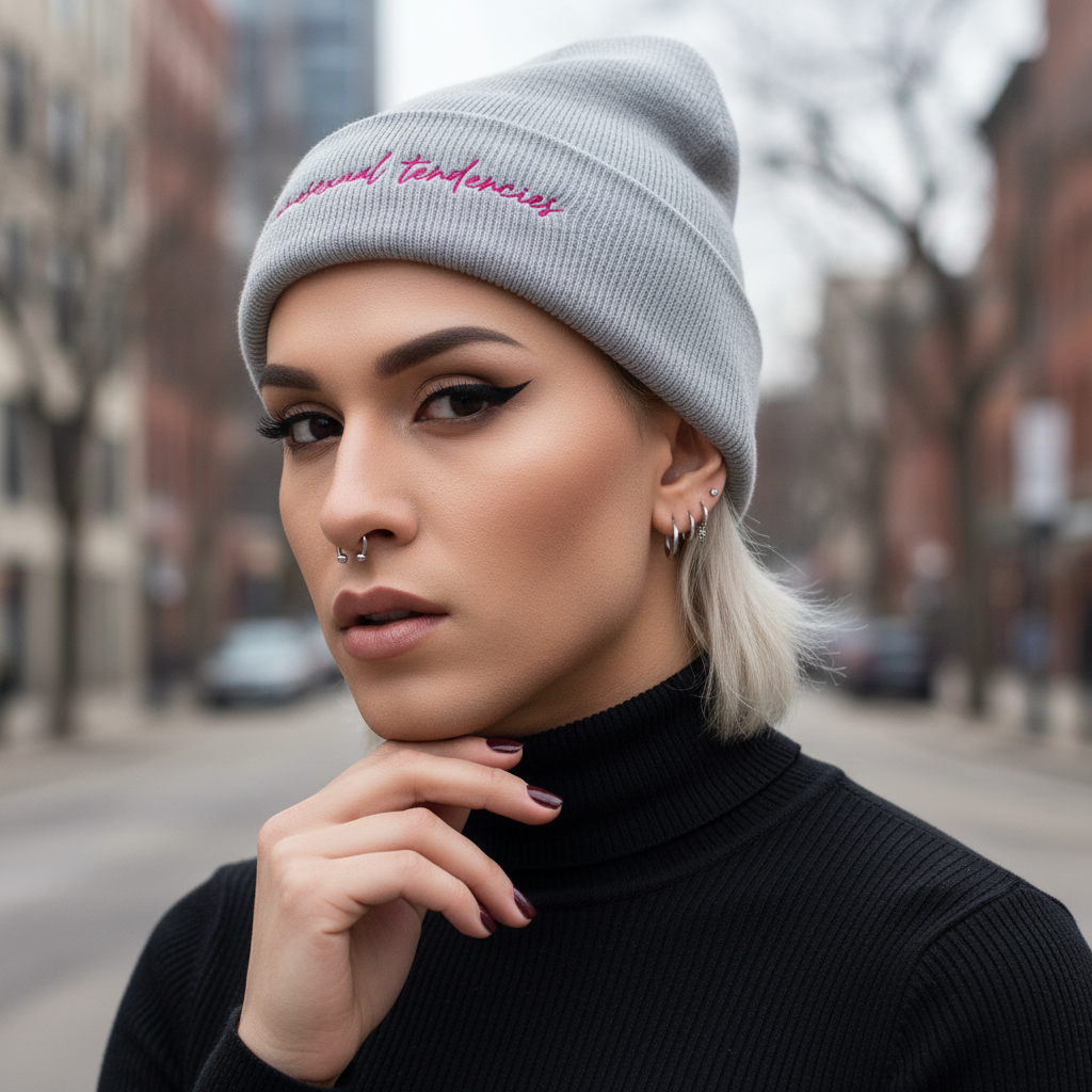 Gray cuffed beanie with pink "Homosexual Tendencies" text on a person with platinum hair, piercings, and black turtleneck