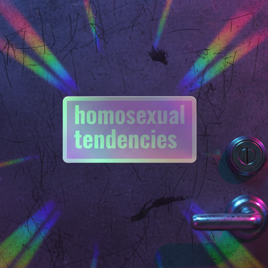 Iridescent “homosexual tendencies” holographic sticker sign on a scratched metal door, rainbow-lit with queer shimmer.