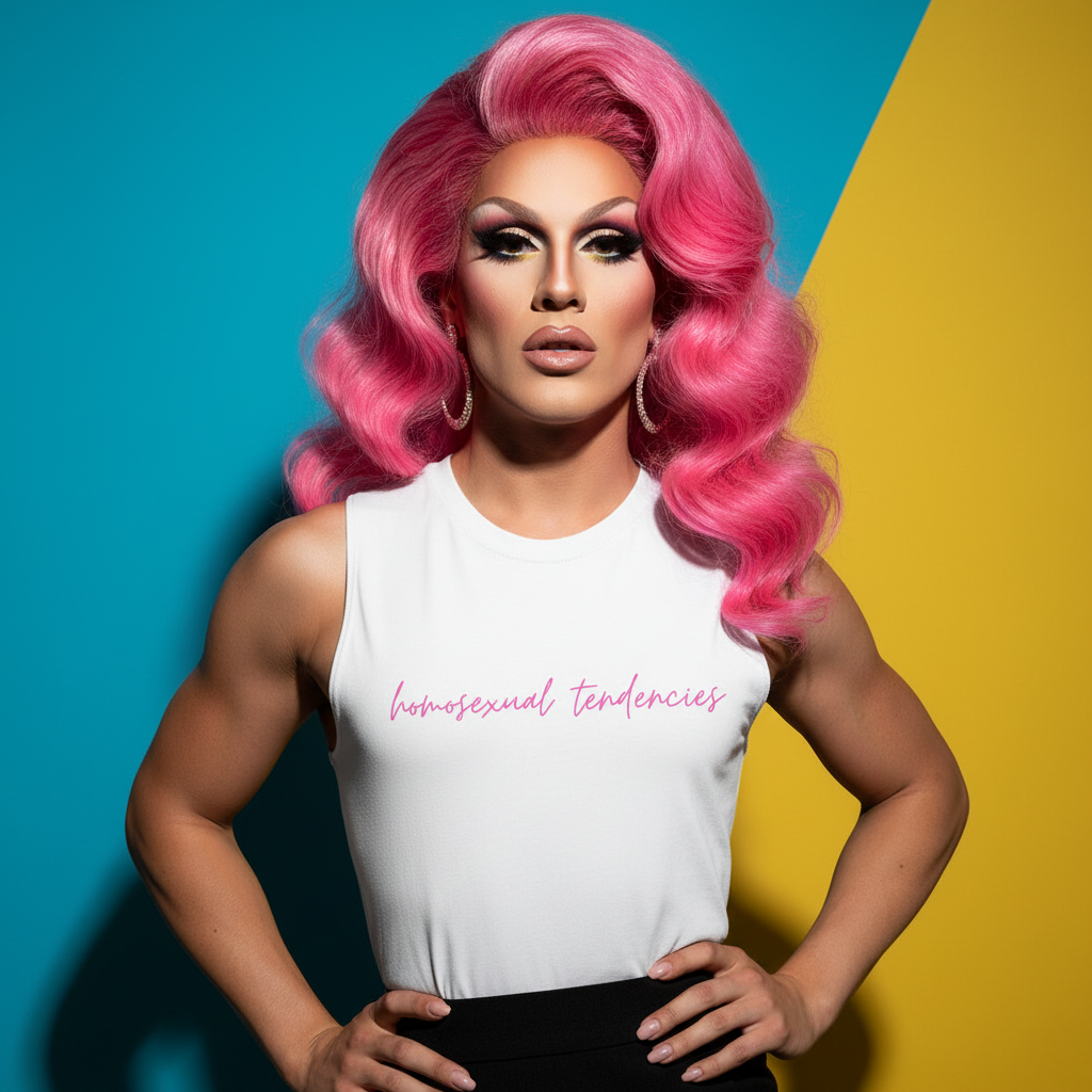 White unisex tank top reading "homosexual tendencies" in pink script