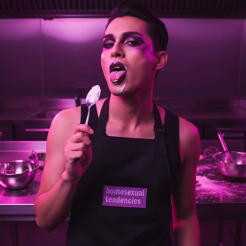 Person in a black apron labeled “homosexual tendencies” holding a spoon to their tongue