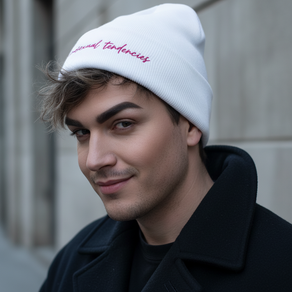 White unisex "Homosexual Tendencies" cuffed beanie with pink script