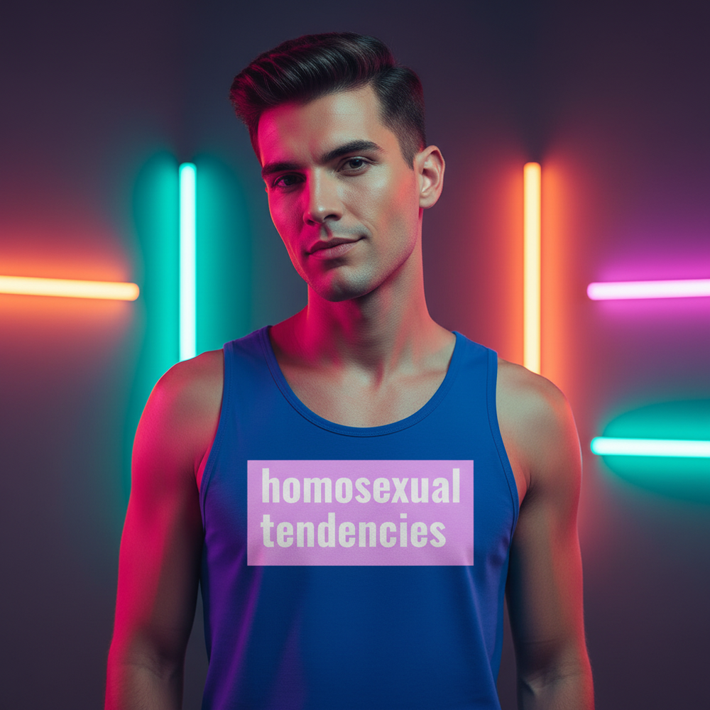 Bright blue Homosexual Tendencies Unisex Tank Top modeled by a person