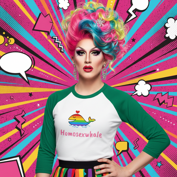 Homosexwhale 3/4 Sleeve Raglan Shirt with green sleeves and a cartoon whale, modeled by a drag queen; comic-style