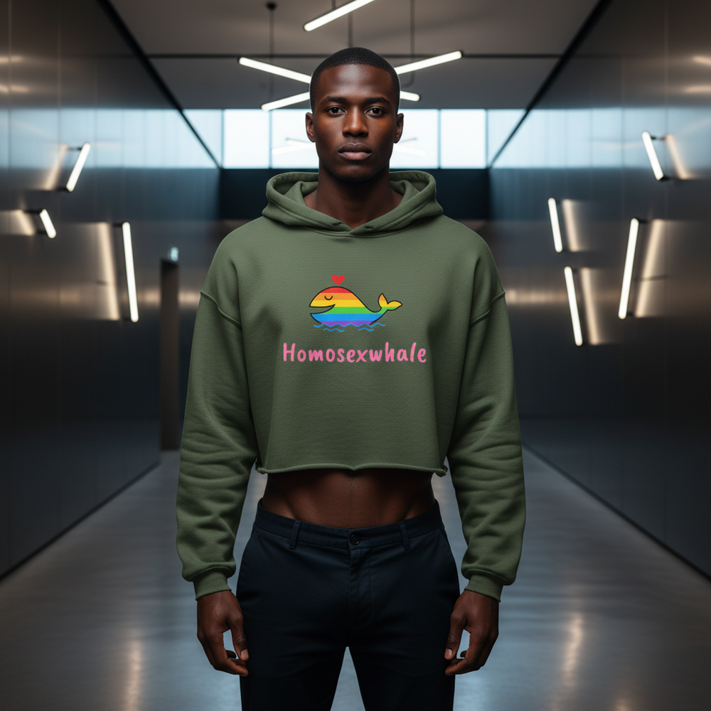 Homosexwhale crop hoodie in green, with a rainbow whale, red heart, and “Homosexwhale” in colorful queer lettering below.