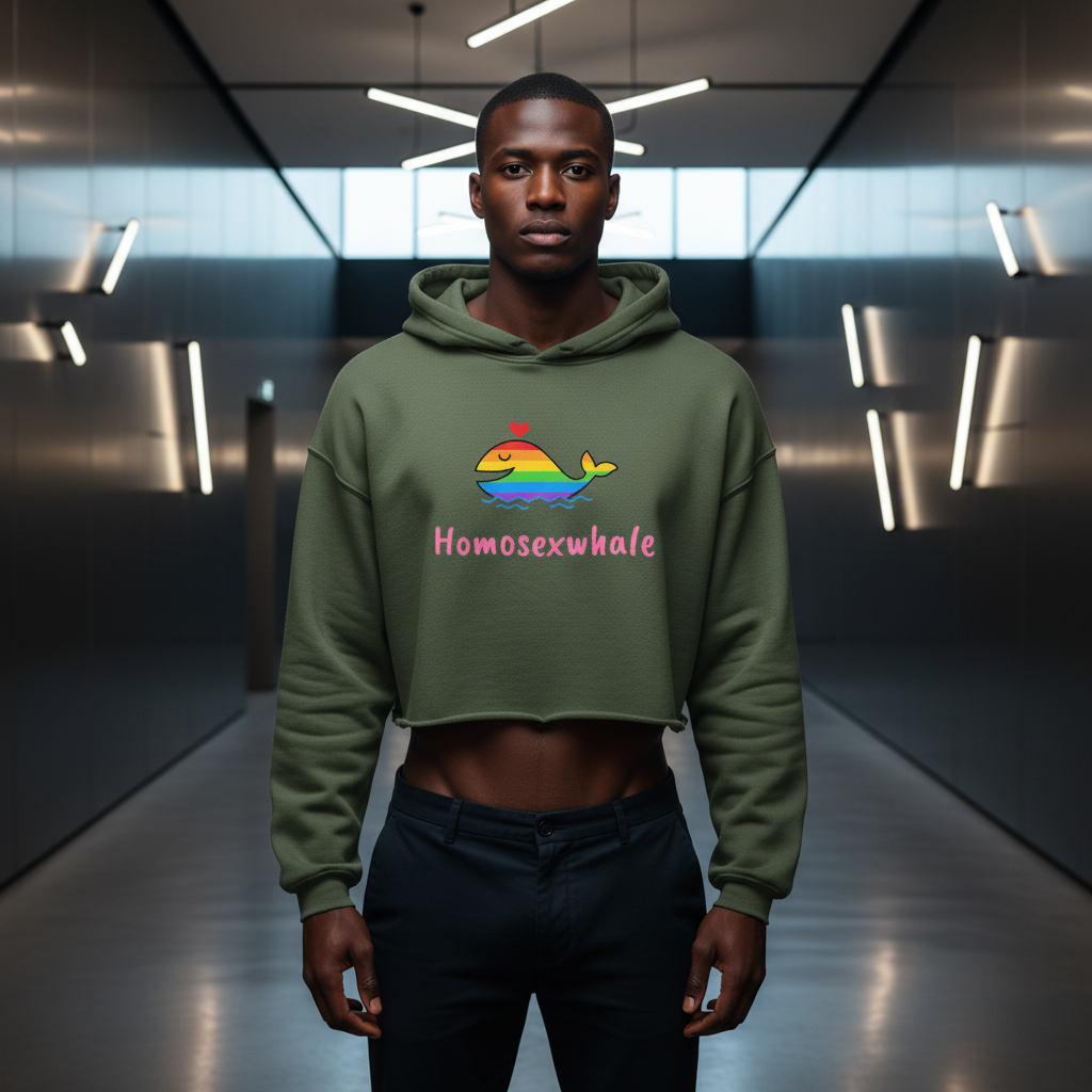 Homosexwhale crop hoodie in green, with a rainbow whale, red heart, and “Homosexwhale” in colorful queer lettering below.