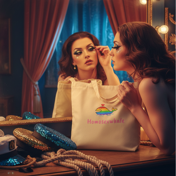 Canvas tote bag reading “Homosexwhale,” with a rainbow whale, photographed on a vanity