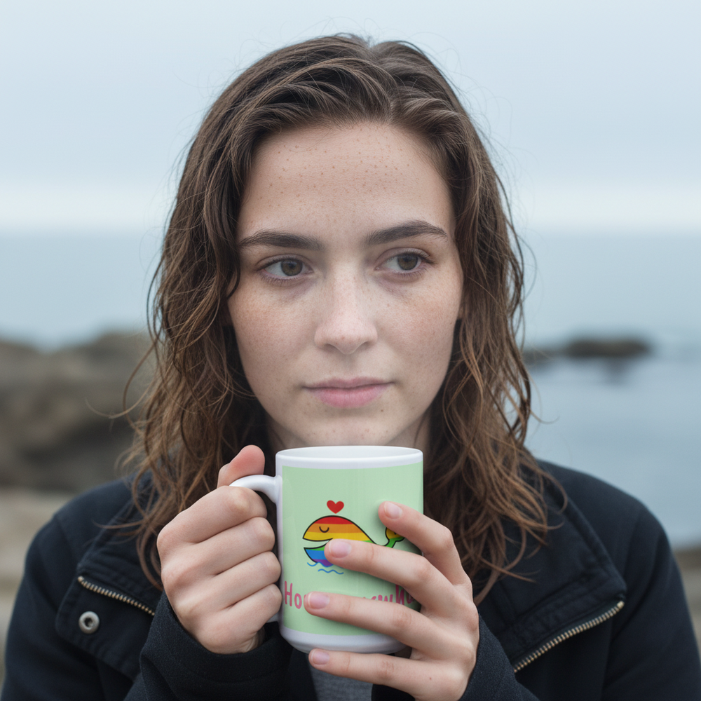 Person holds a pale green mug with a rainbow whale and red heart by the shore