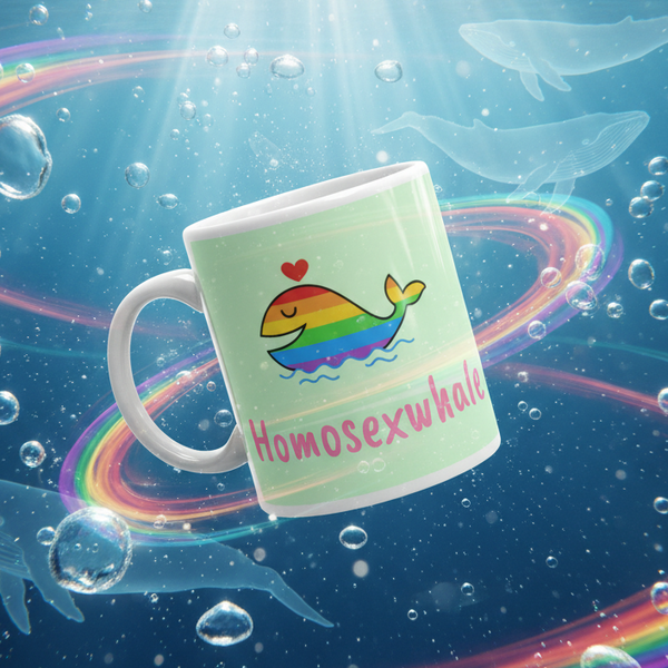 Angled white mug with a rainbow whale, red heart, and “Homosexwhale” text