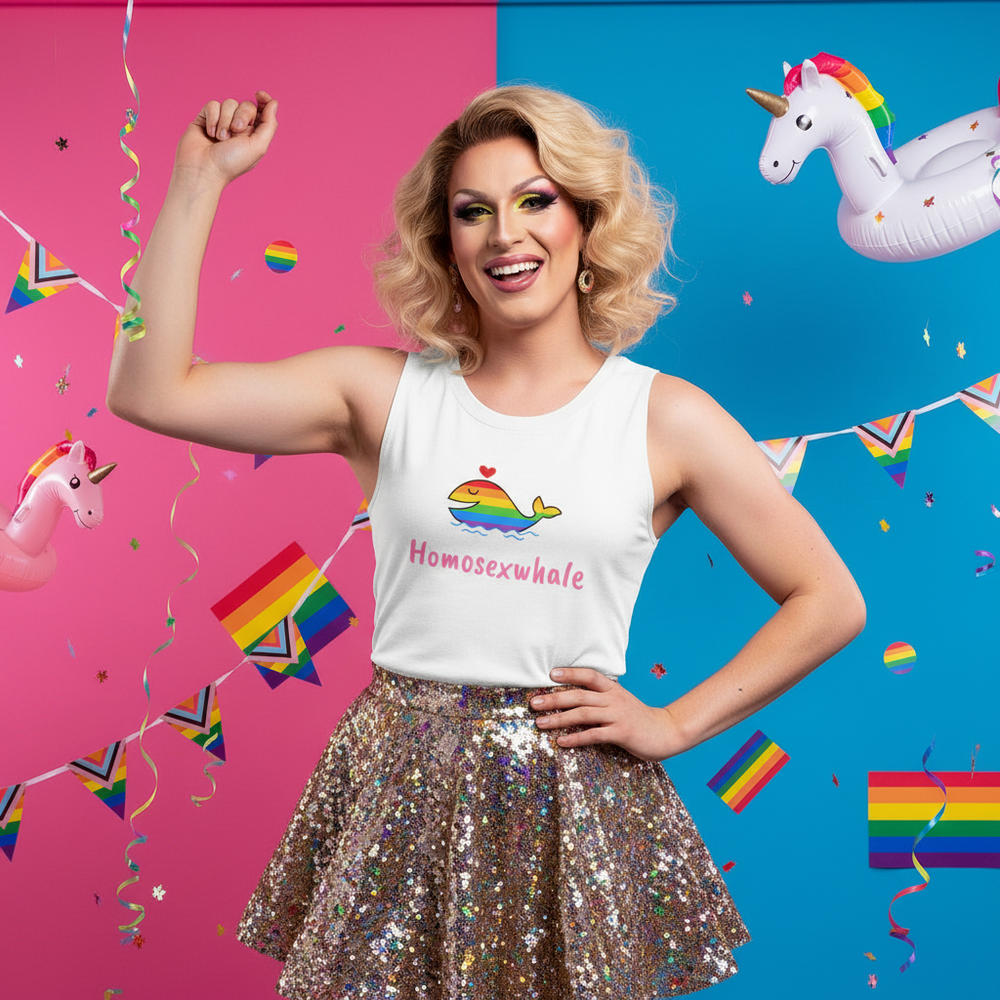 Homosexwhale Muscle Top with a rainbow whale graphic, paired with a sparkly skirt