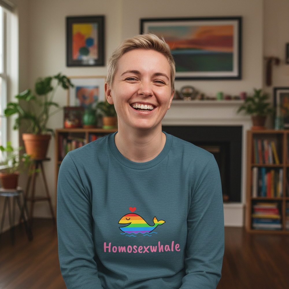 Homosexwhale Unisex Long Sleeve T-Shirt with rainbow-striped whale, heart, and “Homosexwhale” text