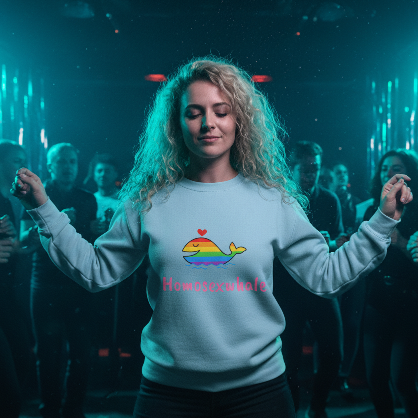 Homosexwhale Unisex Sweatshirt in a club, rainbow whale and red heart graphic, with curly blonde hair, Pride scene