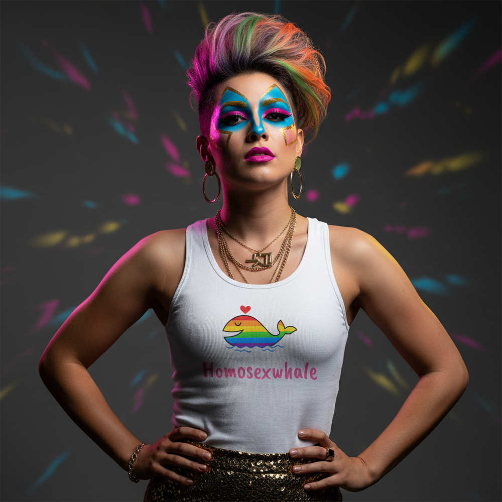 Front view of a person wearing a white tank top with a rainbow whale, heart, and “Homosexwhale” text