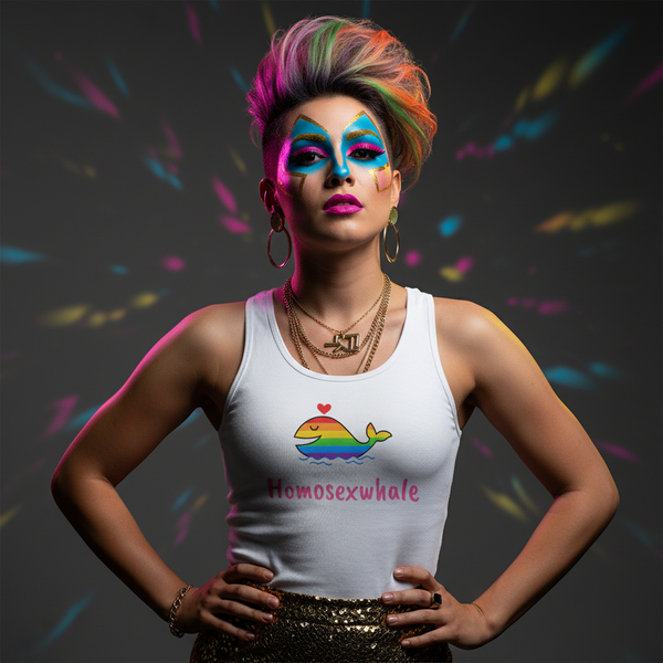 Front view of a person wearing a white tank top with a rainbow whale, heart, and “Homosexwhale” text