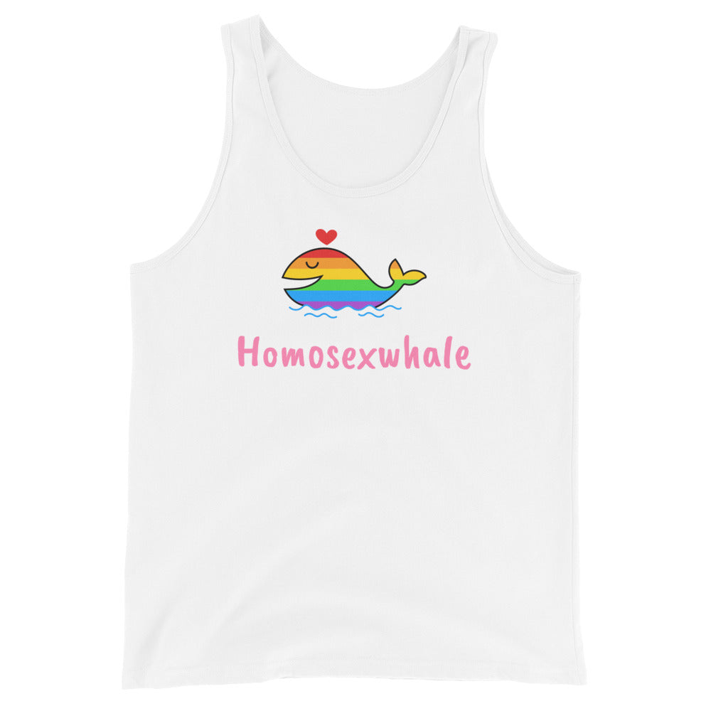 White tank top with a rainbow-striped whale, red heart, and “Homosexwhale” text