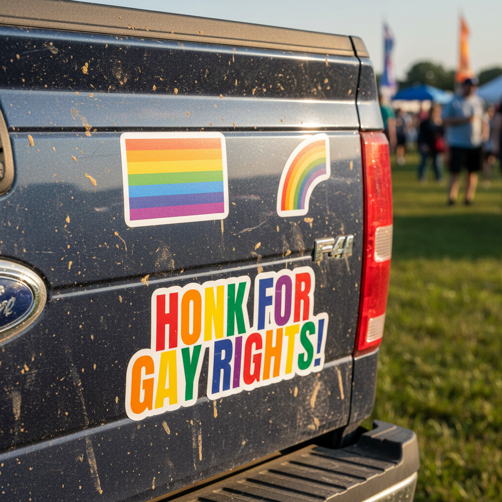 Honk For Gay Rights bubble-free stickers, pride flag, and rainbows deck out a muddy blue Ford truck parked on grass