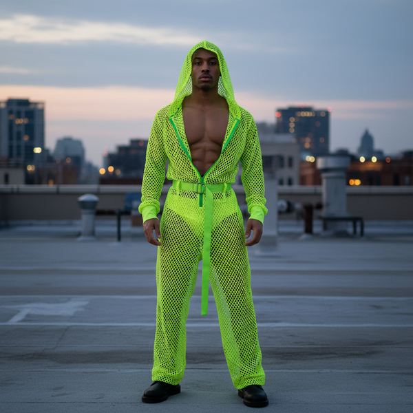 Hooded fluorescent neon jumpsuit flaunting chest and legs, worn by a confident queer man at dusk on a rooftop; city backdrop.