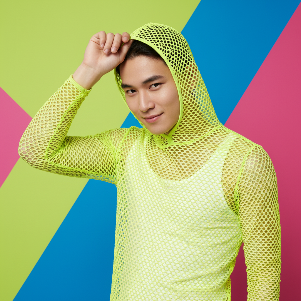 Model wearing a neon yellow hooded long-sleeve mesh shirt over a white tank