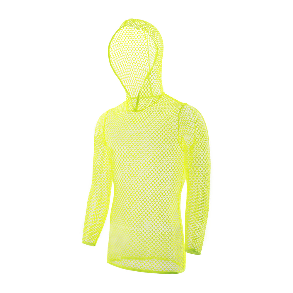 Front view of a neon yellow hooded long-sleeve fishnet mesh shirt on a headless mannequin