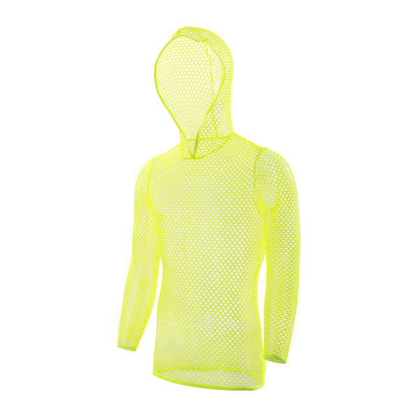 Front view of a neon yellow hooded long-sleeve fishnet mesh shirt on a headless mannequin