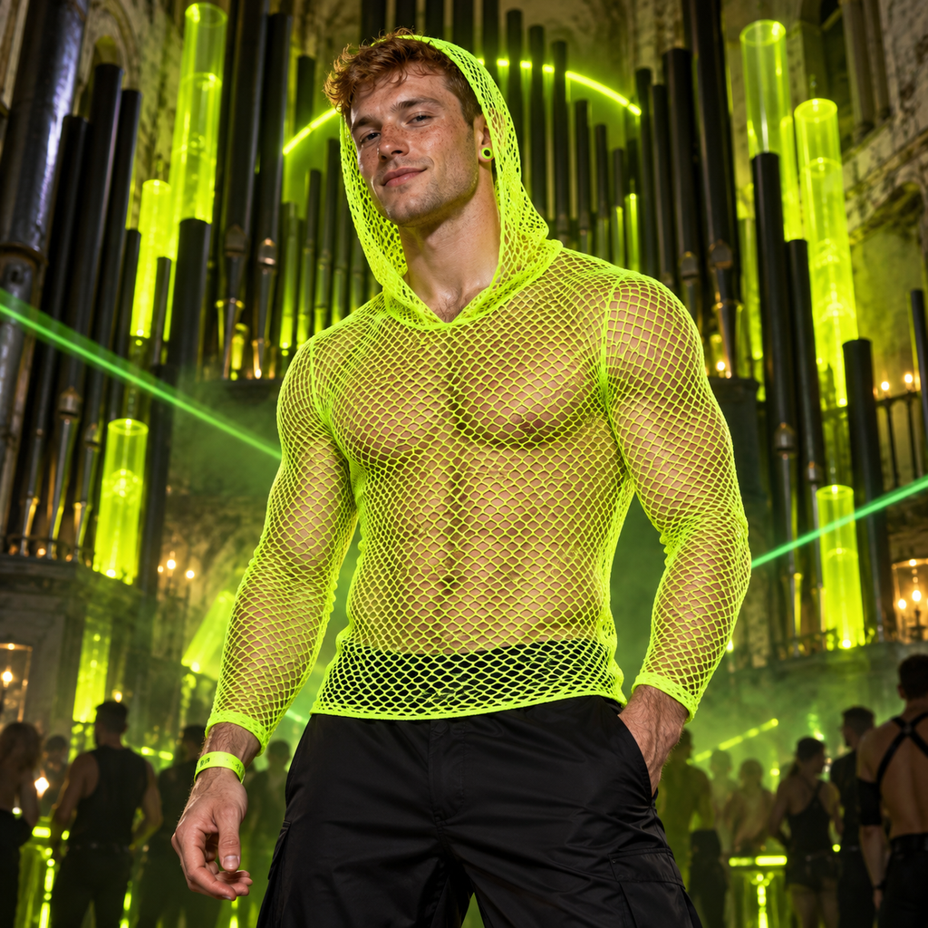 Hooded Long Sleeve Muscle Transparent Tee in Neon Green, worn by a model in the Acid Organ nightlife fashion concept.
