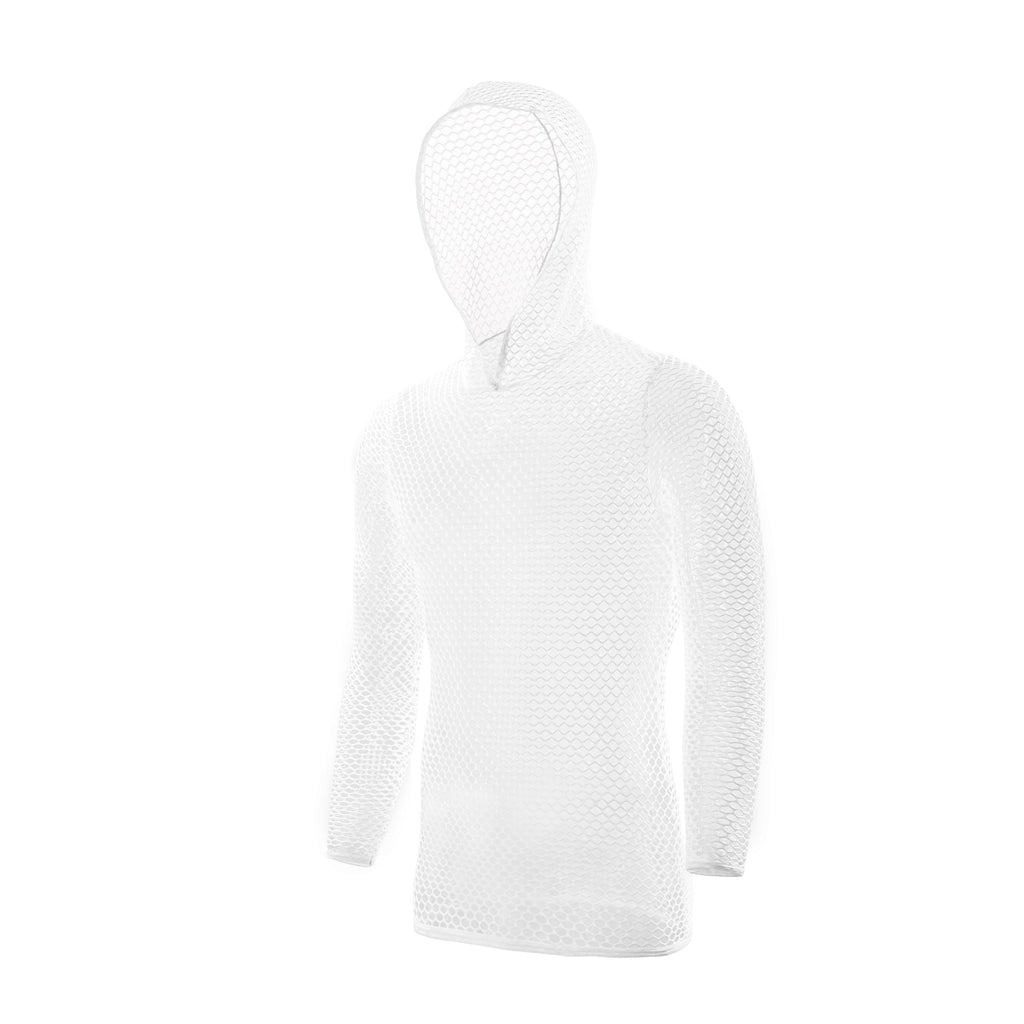 Front view of a white hooded long-sleeve shirt with a transparent honeycomb mesh texture