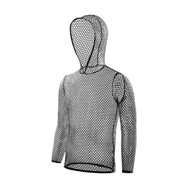 Front view of a black long-sleeve fishnet shirt with an attached hood on a white background