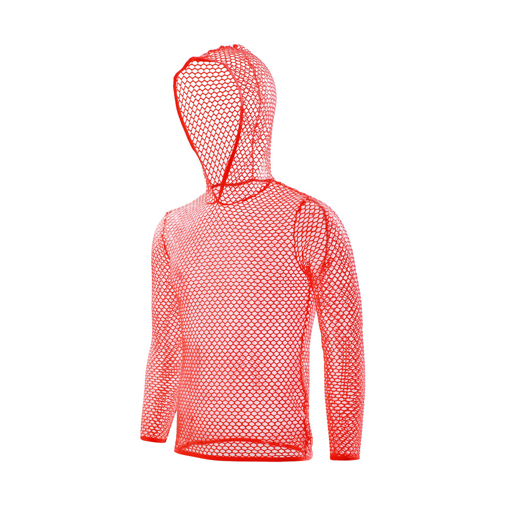 Rear view of a red fishnet hooded long-sleeve shirt on a white background