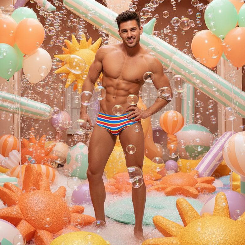 Person wearing a rainbow-striped swim brief in a colorful bubble-filled pool scene