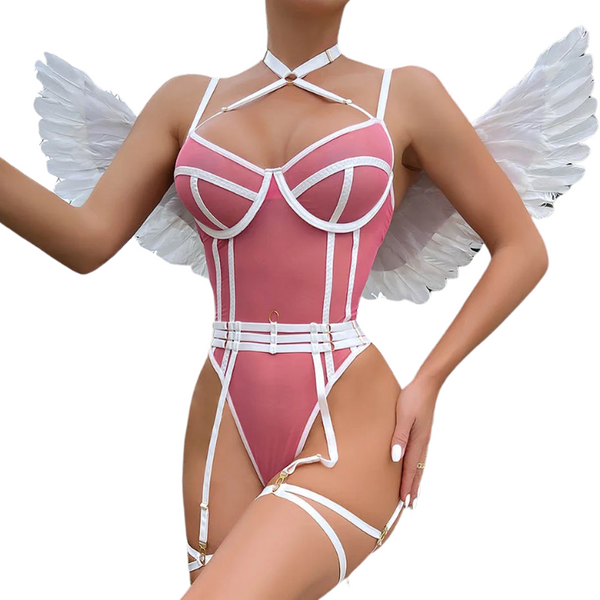 Front view of a model wearing a pink strappy bodysuit with white trim and angel wings
