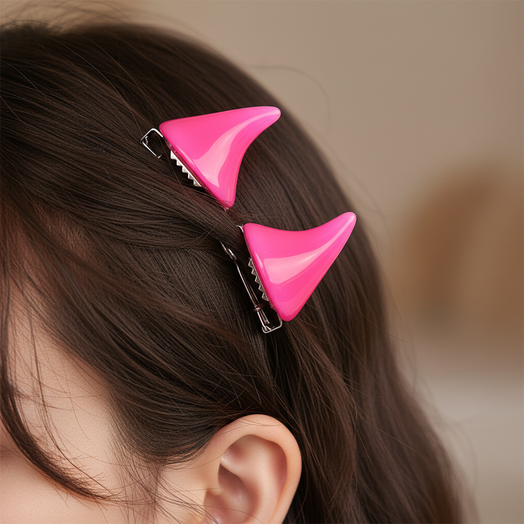 Close-up of dark brown hair with two shiny, bright pink Horny Devil Hairpins shaped like devil horns above the ear