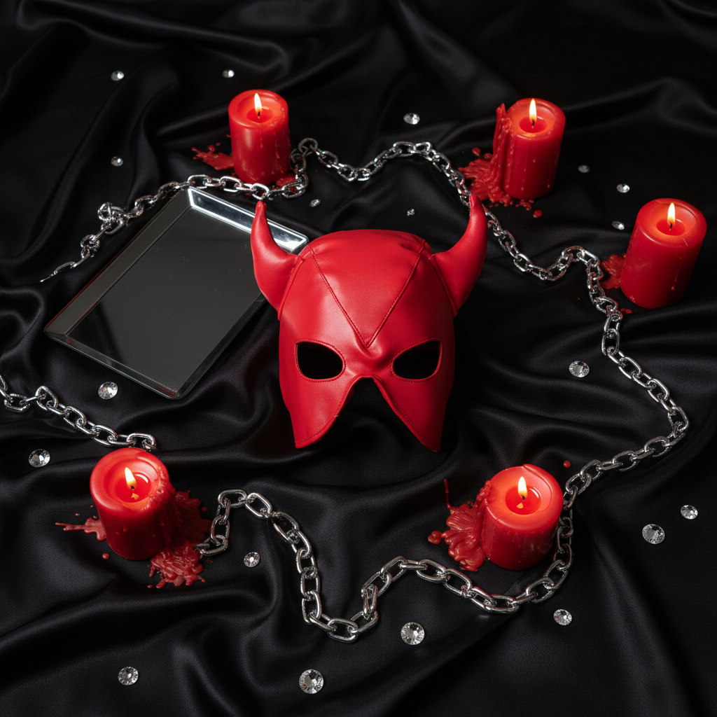 Red horned devil mask on black satin, surrounded by candles, chains, and a black mirror