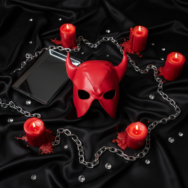 Red horned devil mask on black satin, surrounded by candles, chains, and a black mirror