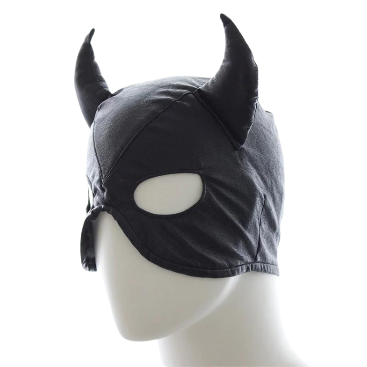Black faux-leather devil mask with two horns and oval eye cutouts on a mannequin head