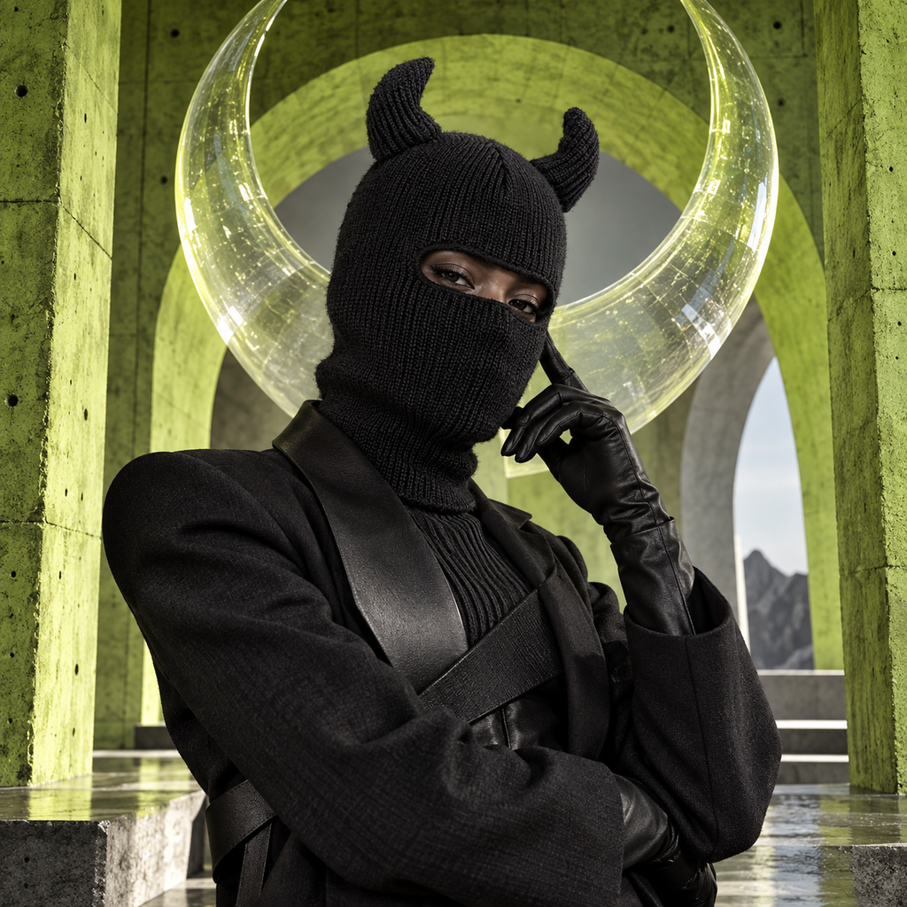 ARTPOP CHAOS Avant-Garde Art Editorial: black horned rib-knit balaclava