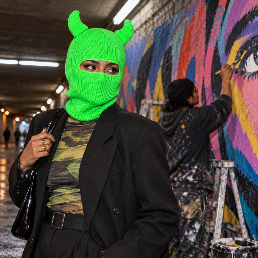 ARTPOP CHAOS Candid Inside the Impossible: neon green horned rib-knit balaclava