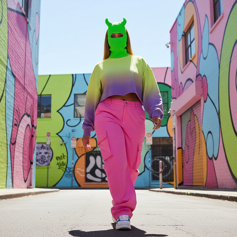 Front-facing model wearing a bright green horned balaclava in a mural-lined street