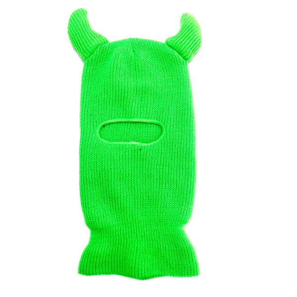 Bright green knitted balaclava with two horns and an oval eye opening