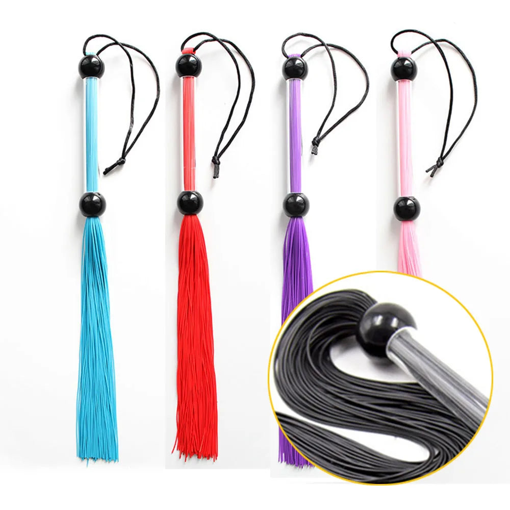 Four colorful tassel crops with black bead handles and wrist cords, plus a handle detail inset