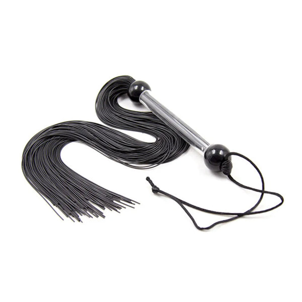 Black multi-tail flogger with silver handle, black end beads, and wrist strap on white