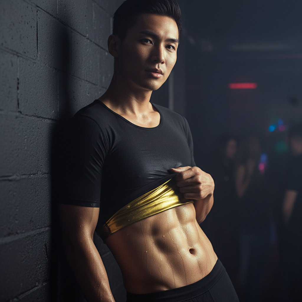 Sweaty model lifts a black fitted top to reveal a gold inner layer and abdomen