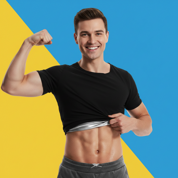 Smiling person lifts a black T-shirt to reveal a silver sauna sweat top and bare abs