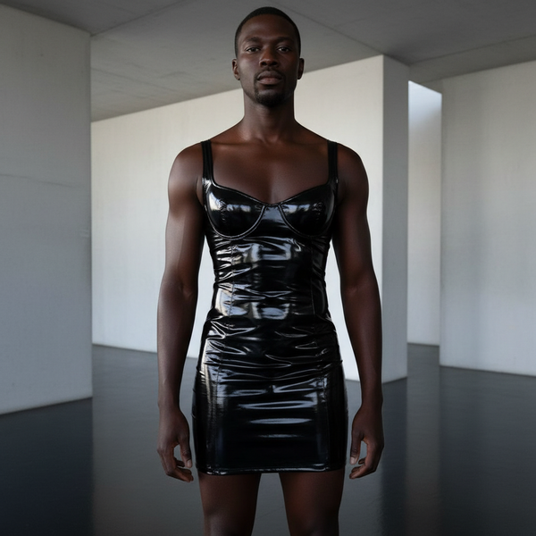 Person in shiny black Hot Dom Fantasy Latex Outfit Set with thin straps stands in minimalist room; white walls, dark floors