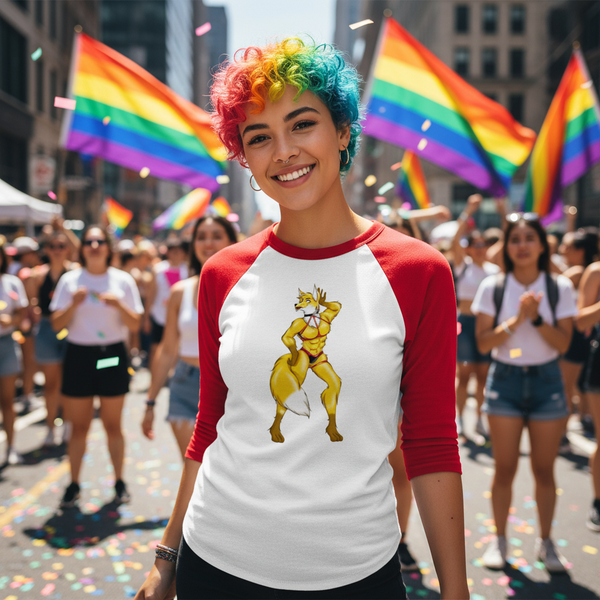 Hot Gay Furry 3/4 sleeve raglan shirt with cartoon kangaroo, worn by a person with rainbow hair at a pride parade