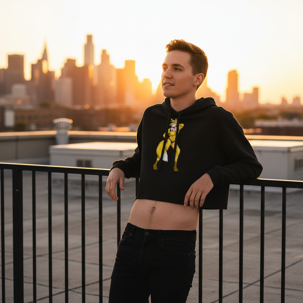 Hot Gay Furry Crop Hoodie with cartoon dog print worn by a person, chill on a rooftop at sunset, city lights behind